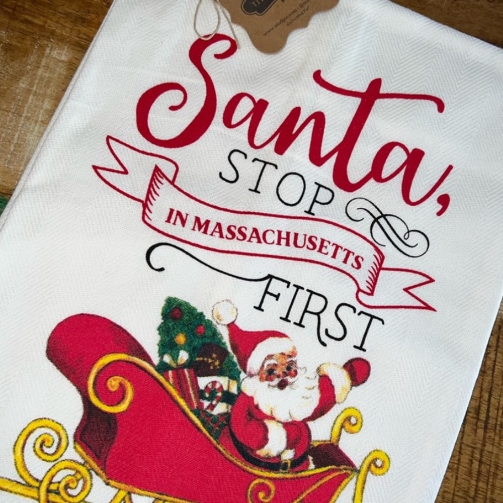 Santa and sleigh Massachusetts Christmas hand towel. Brand new with tags.